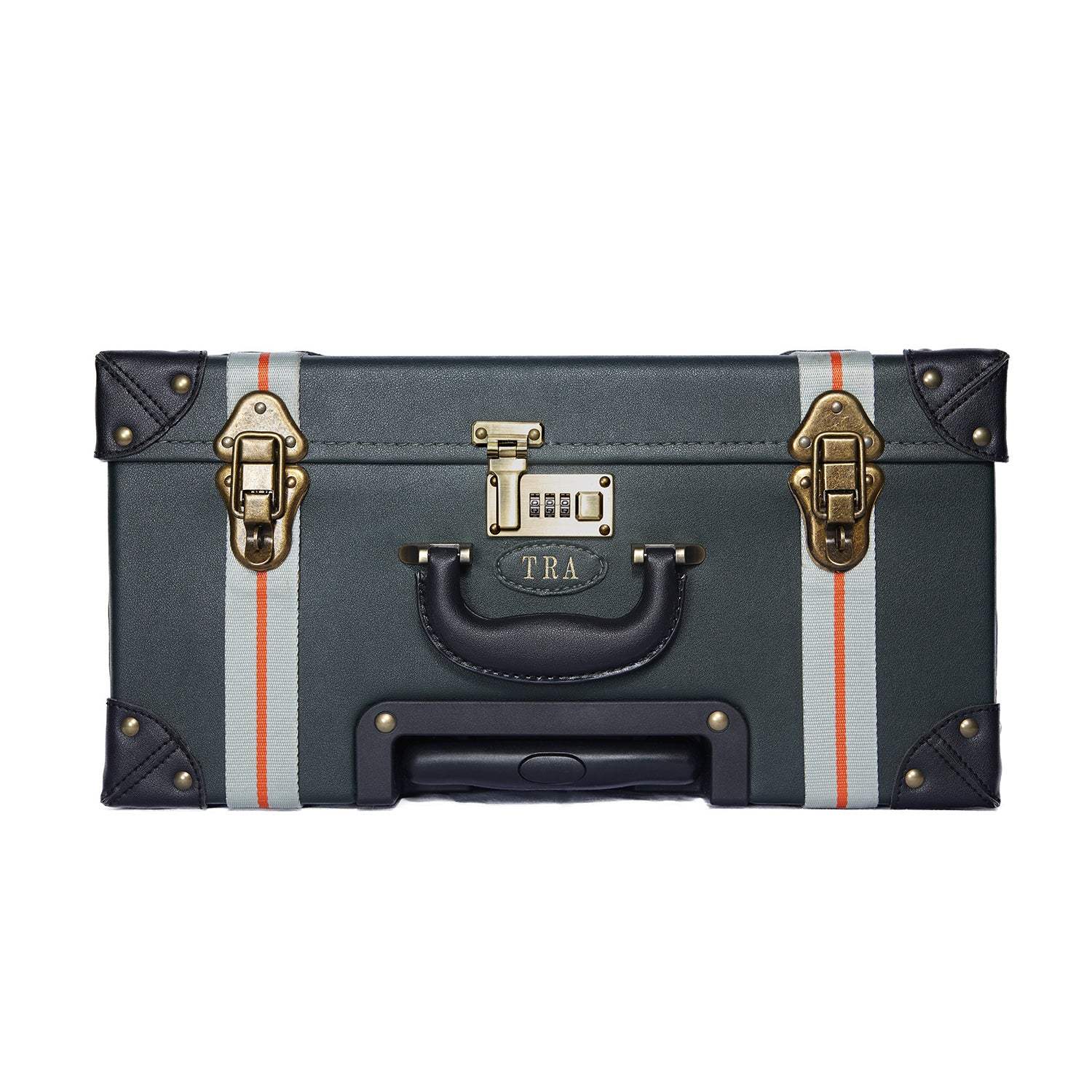 Dark green vegan leather suitcase with striped straps, brass hardware, and combination lock for minimalist luxury travel.