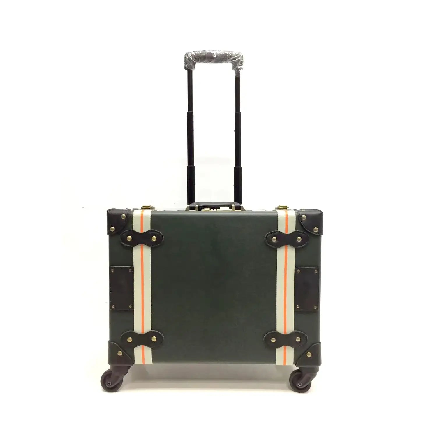 Green vegan leather rolling suitcase with white stripes, gold hardware, and extendable handle