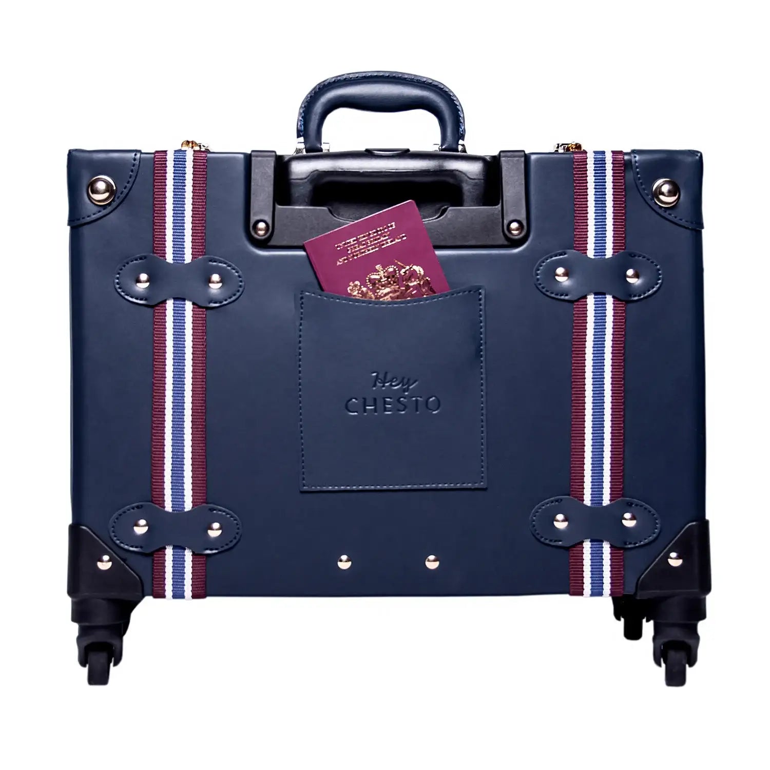 Navy blue vegan leather suitcase with striped straps and passport pocket, lightweight travel essential