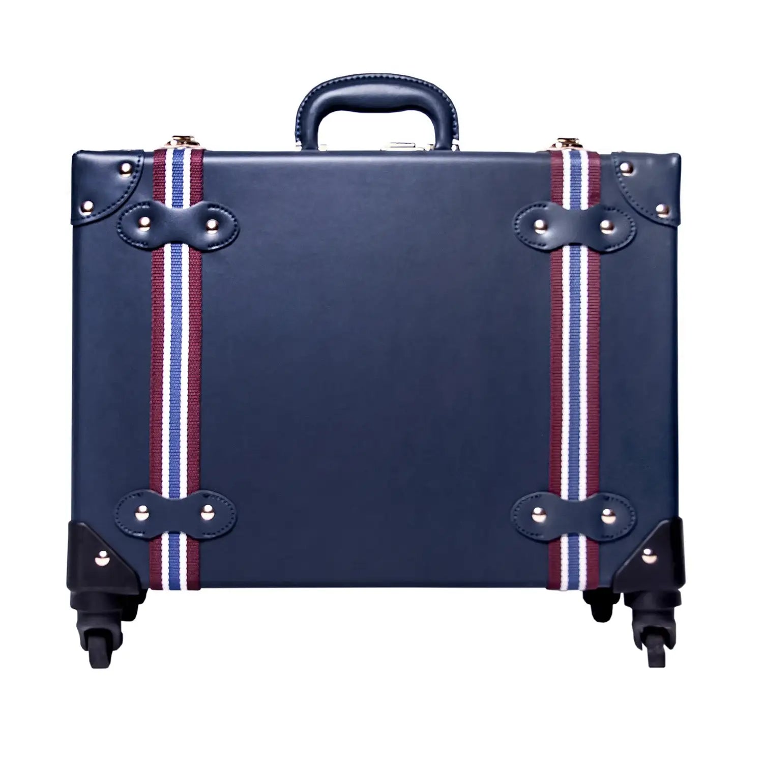 Navy blue vegan leather suitcase with striped straps and wheels