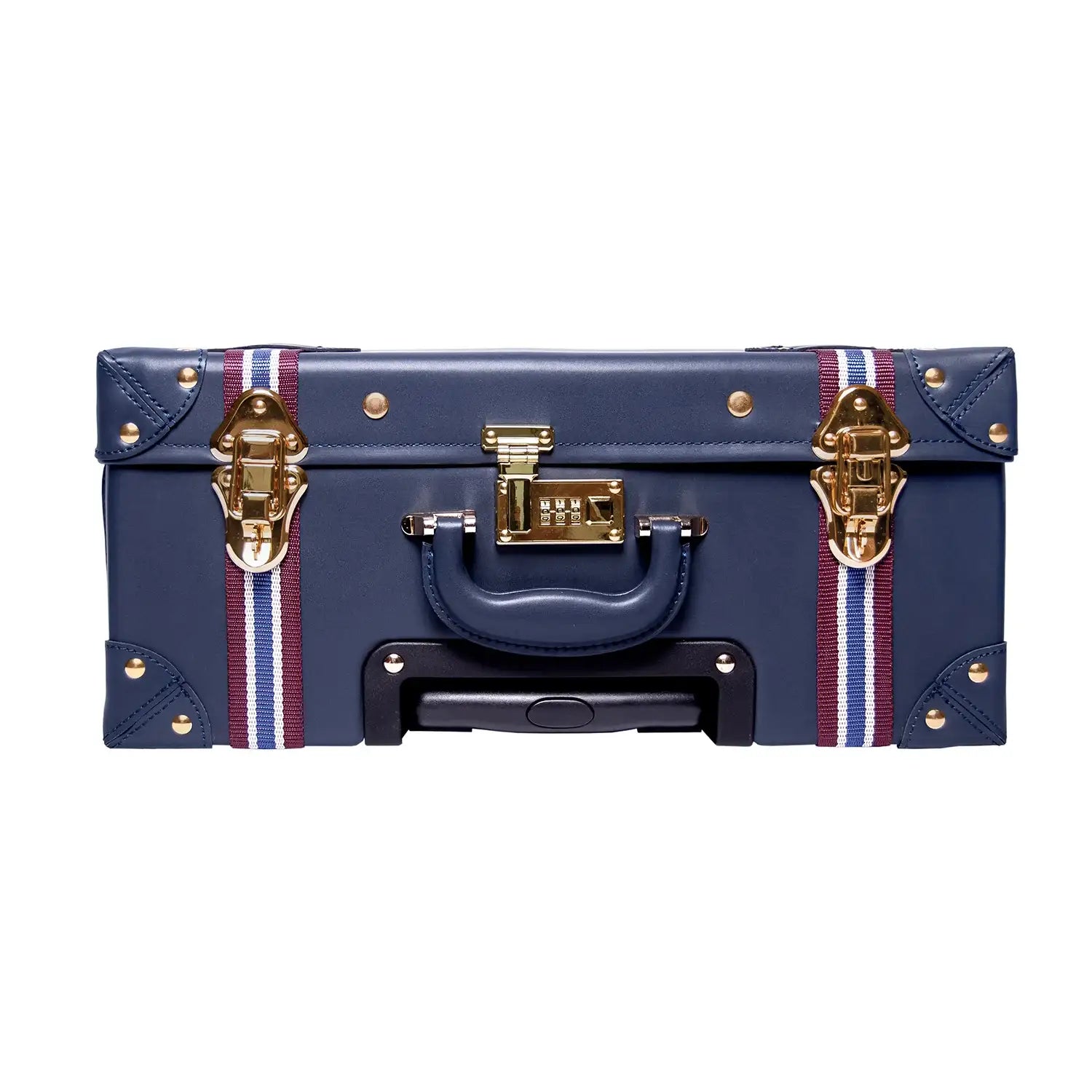 Navy vegan leather briefcase with gold hardware, striped straps, and combination lock for minimalist luxury travel