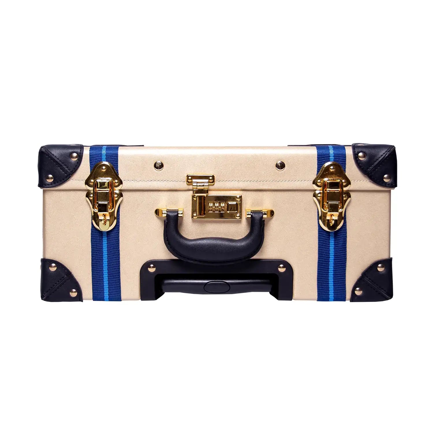 Cream vegan leather suitcase with blue straps, gold hardware, and black corners for minimalist luxury travel