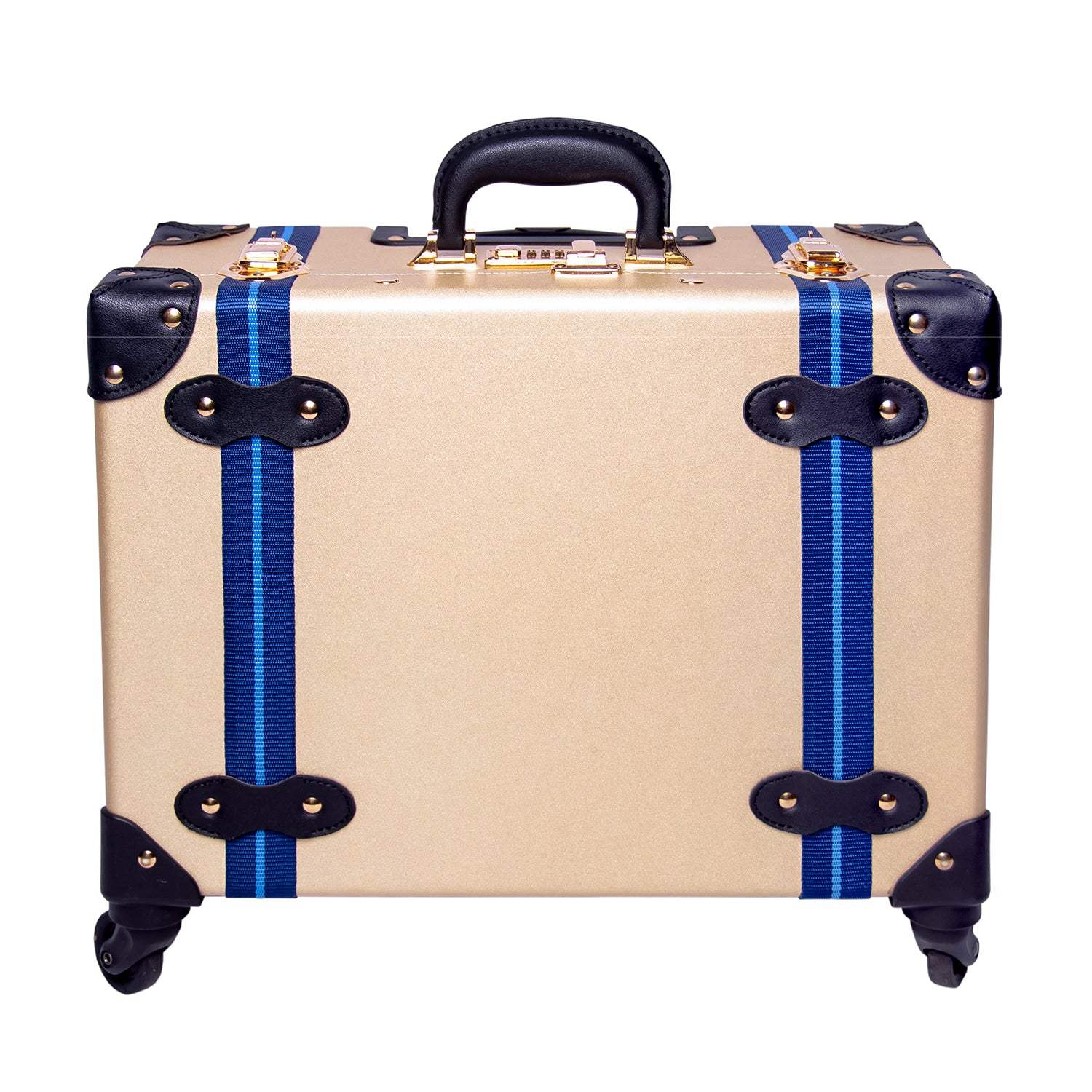 Beige vintage-style carry-on suitcase with blue stripes, black leather corners, gold hardware, and wheels