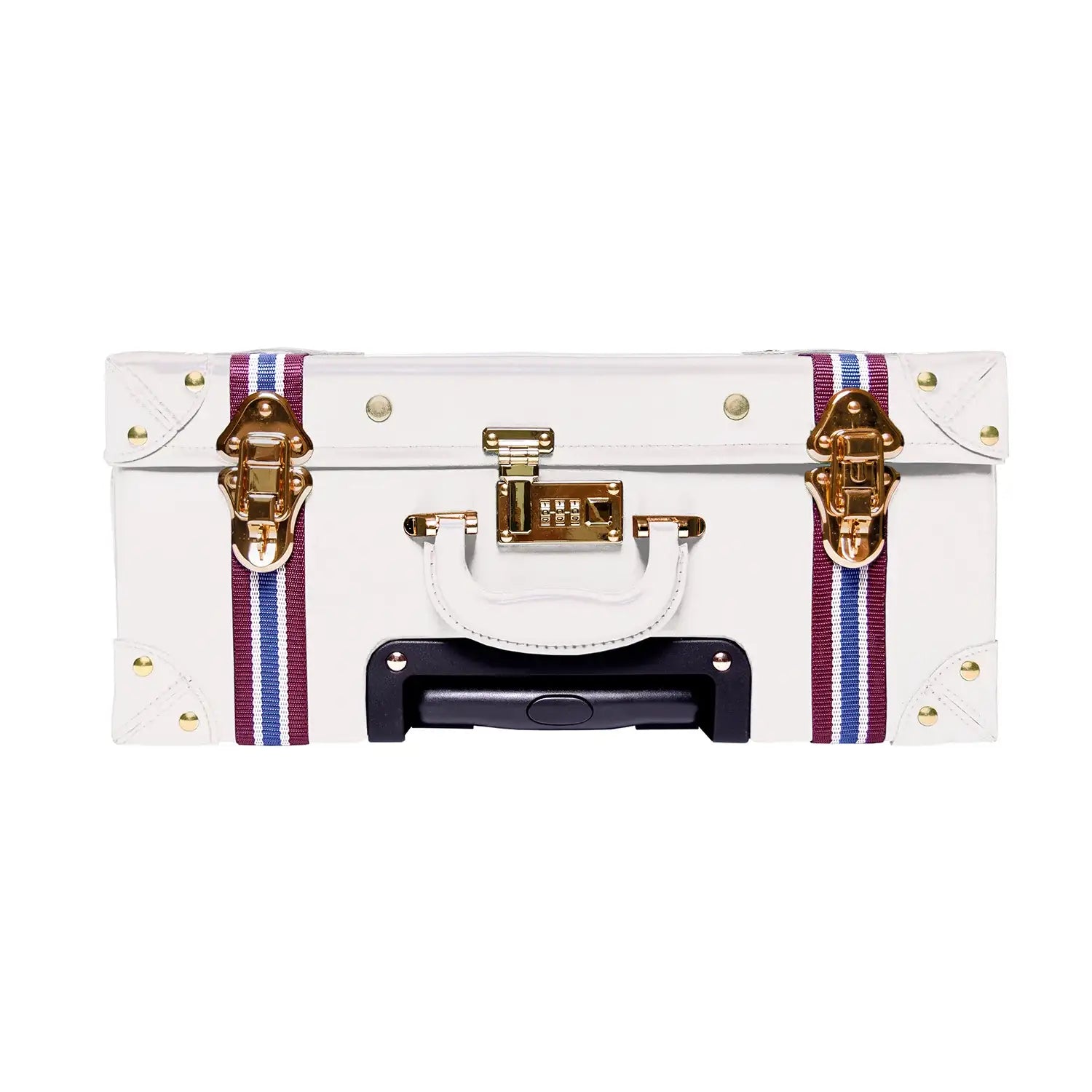 White vegan leather suitcase with gold hardware, striped straps, and combination lock for minimalist luxury travel.