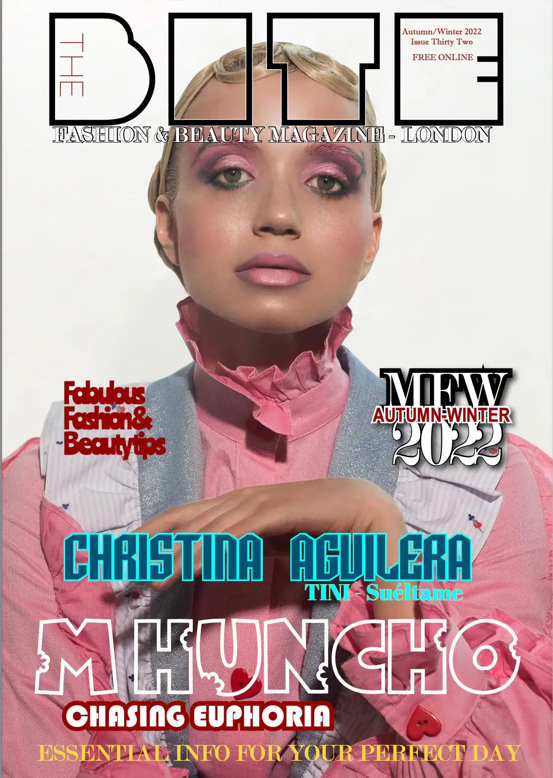 Christina Aguilera on The Bite Magazine cover, Autumn/Winter 2022 issue, featuring bold pink makeup and fashion.