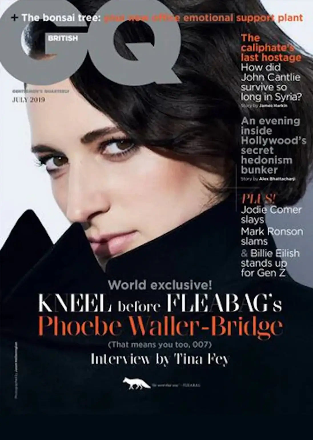 Phoebe Waller-Bridge on British GQ July 2019 cover, featuring bold typography and interview headline