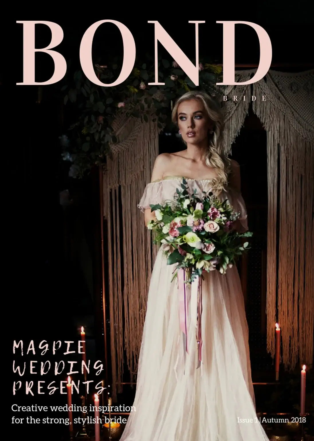 Bride in off-shoulder gown holding floral bouquet with candles and macrame backdrop