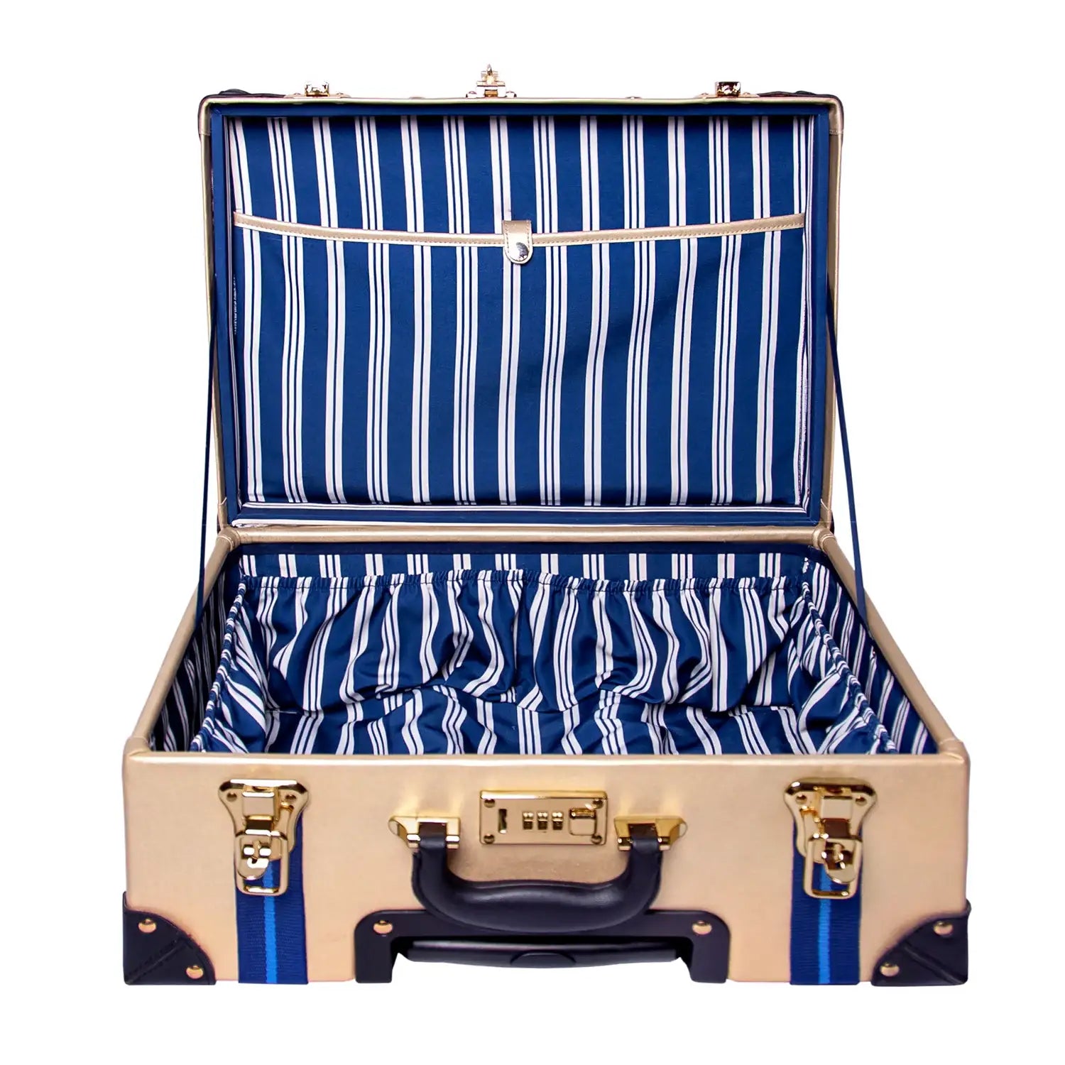 Beige vegan leather suitcase with navy white stripes, gold hardware, and interior pocket